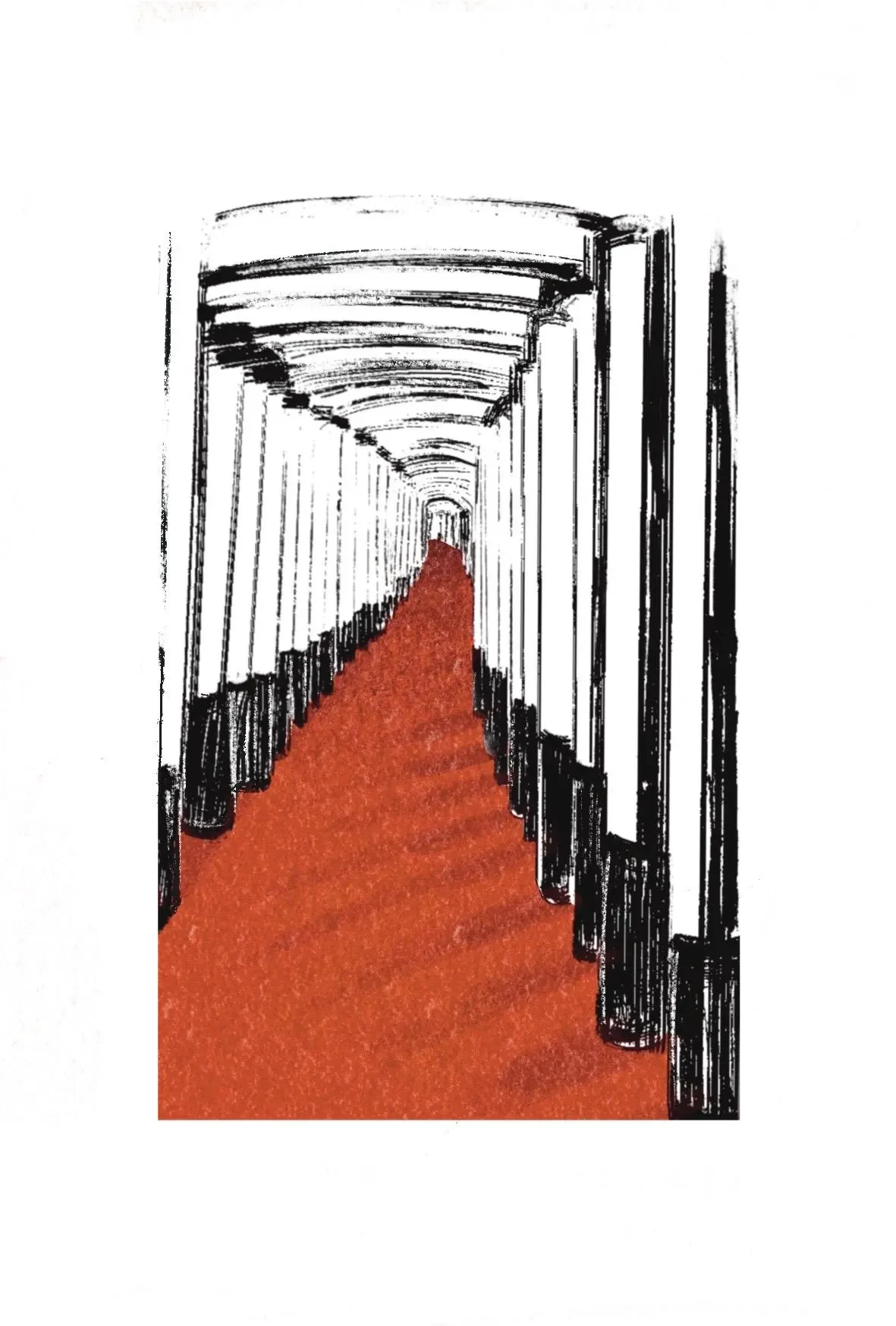 Ilustración en perspectiva del túnel de puertas torii de Fushimi Inari, en línea negra, con el suelo del sendero en bermellón.
