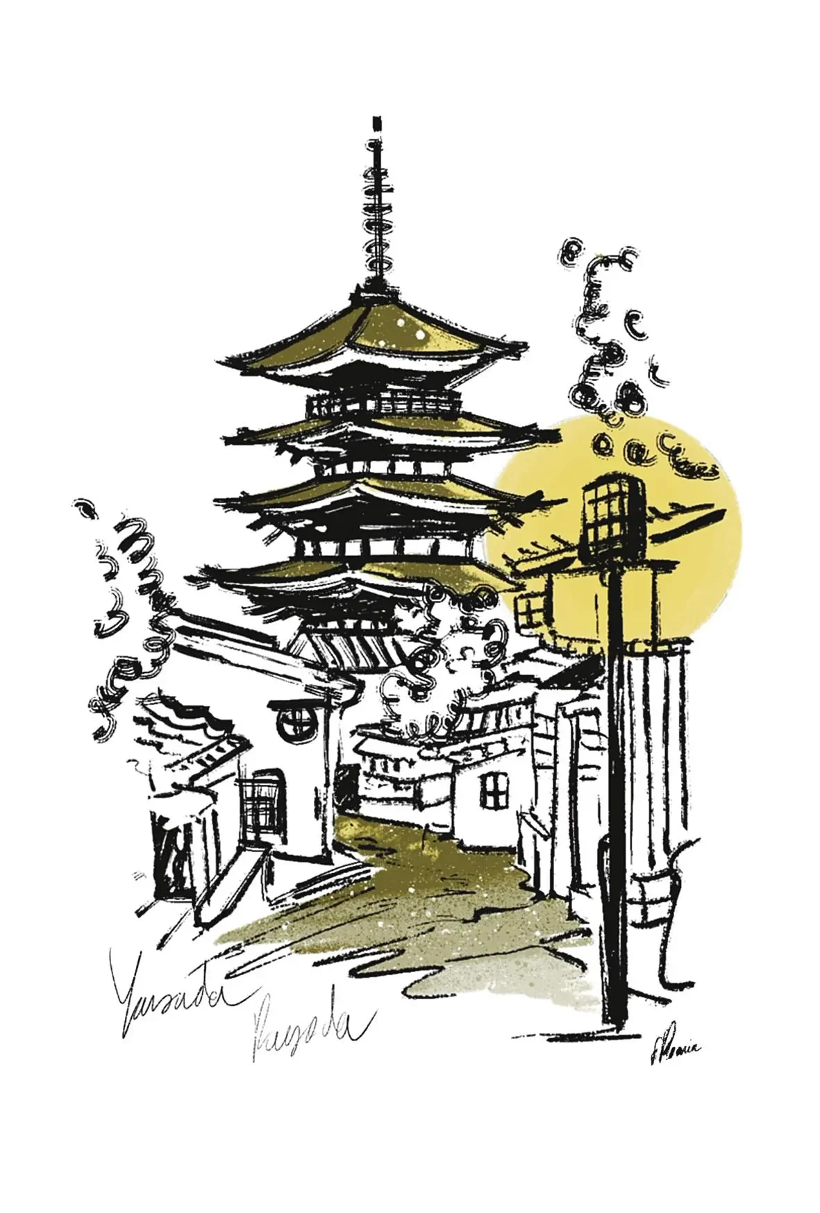 Ilustración en línea negra de la pagoda Yasaka de Kioto sobre tejados y calles, con un sol amarillo y toques verde oliva.