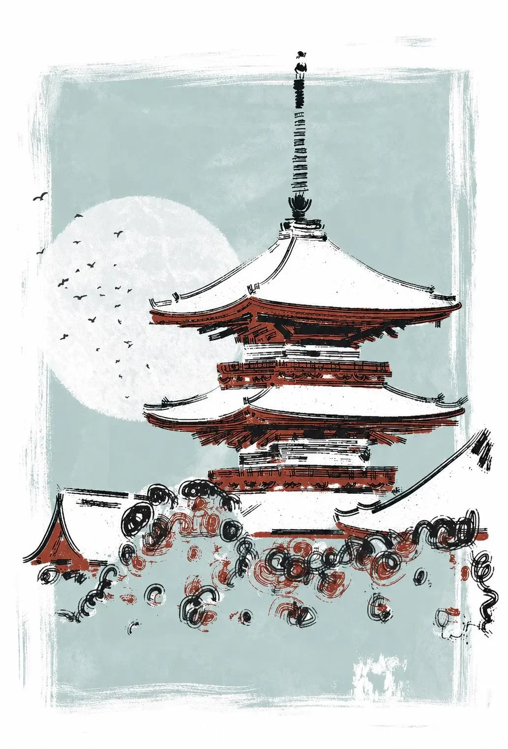 Ilustración de la pagoda de Kiyomizu-dera con tejados bermellón ante una gran luna blanca y una bandada de pájaros, sobre fondo azul verdoso.